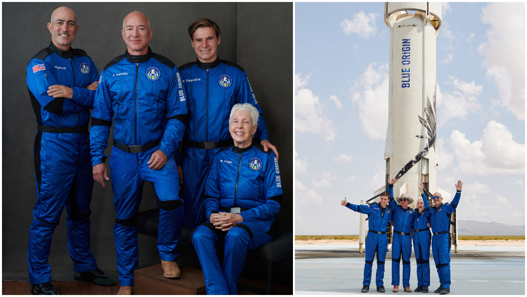 split image of jeff bezos mark bezos wally funk and oliver Daemen portrait and new Shepard rocket