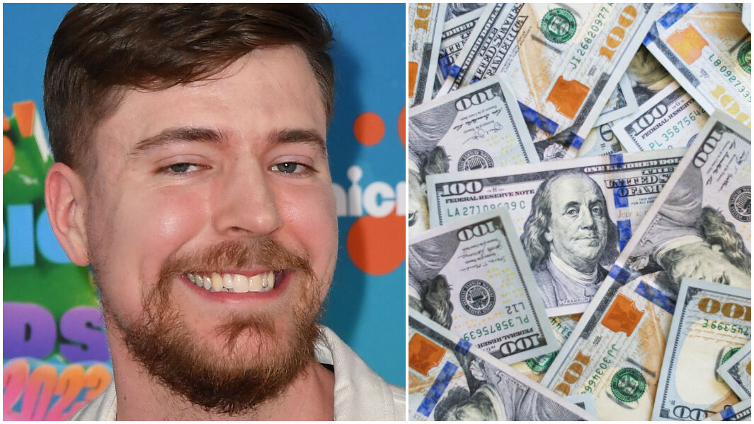 split image MrBeast and 100 dollar bills